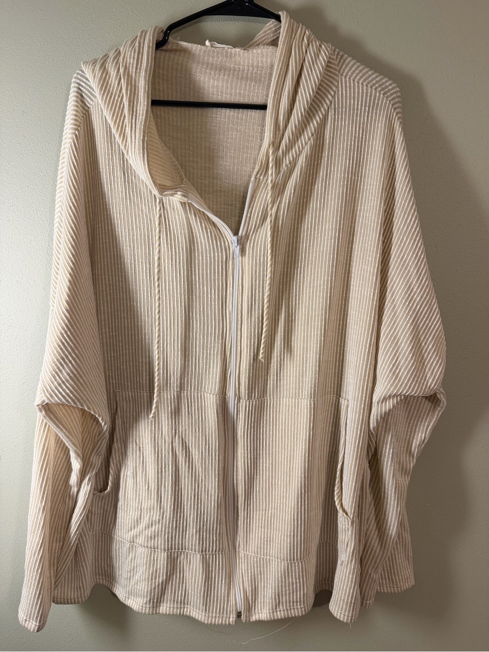 Cream Ribbed Zip-Front Hooded Jacket